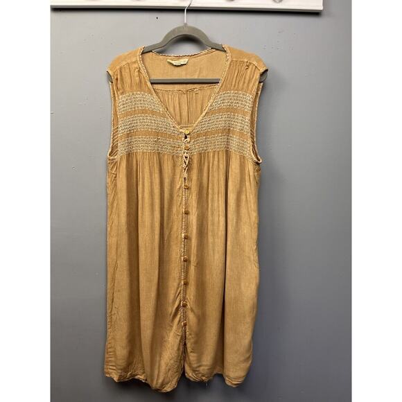 Anandas Collection Sleeveless Dress Osfa Womens Tan Embroidered Beach Button